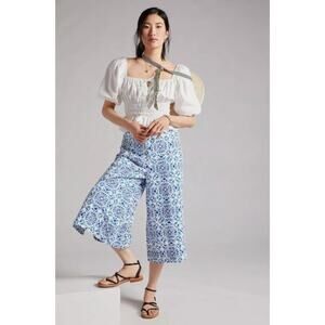 Maeve Pants Womens XS Wide Leg Cropped Moroccan Tile Blue White Cotton Boho Chic